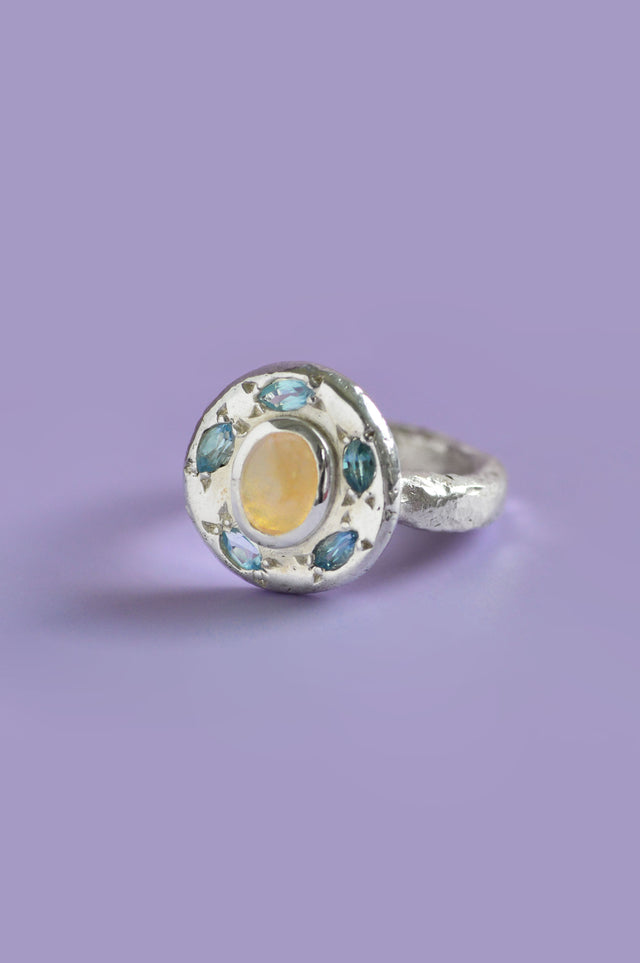 Saturn Opal & Blue Topaz Ring Silver