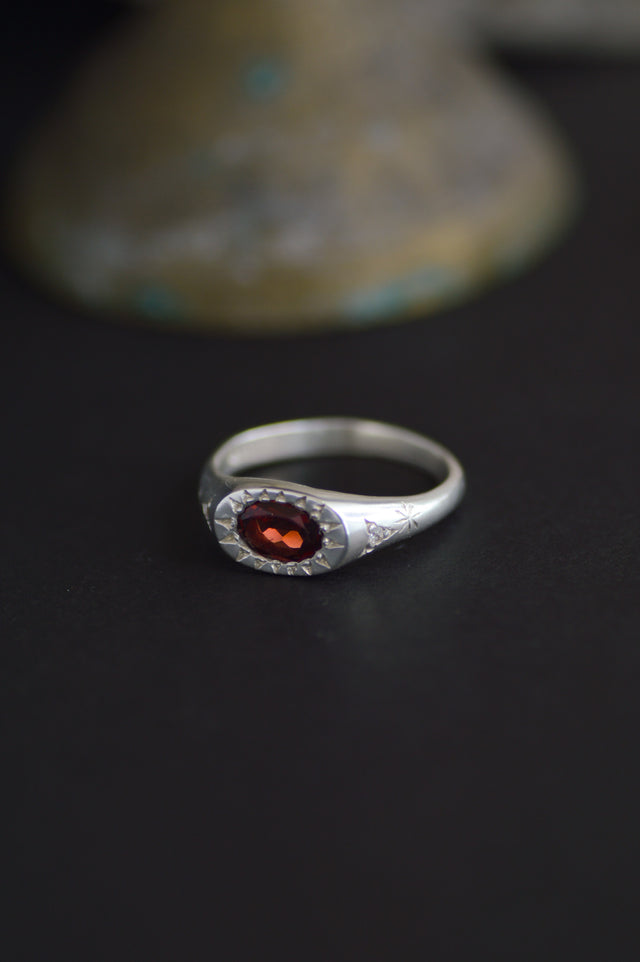 Penny Red Garnet Silver Signet RIng