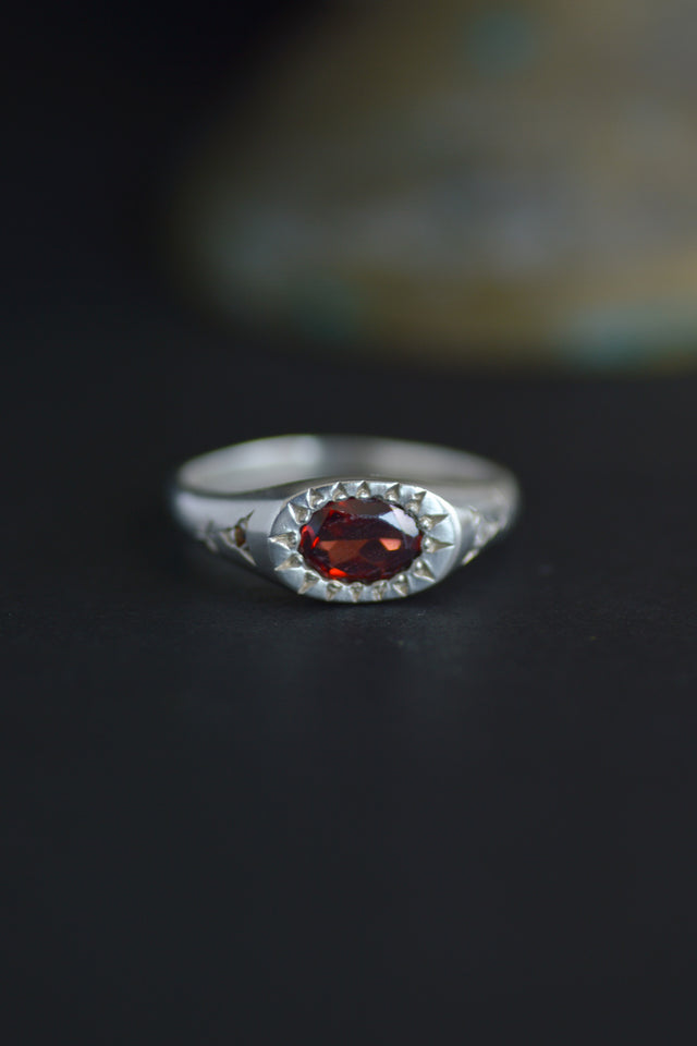 Penny Red Garnet Silver Signet RIng