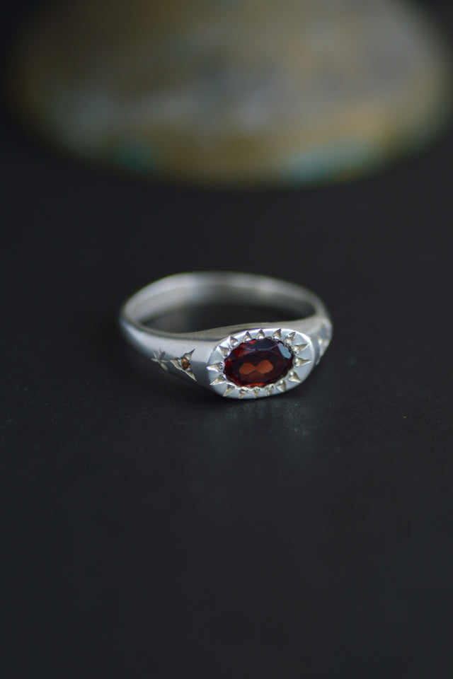 Penny Red Garnet Silver Signet RIng