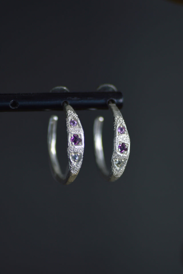 Dancer Sapphire & Garnet Silver Hoop Earrings 1197-4