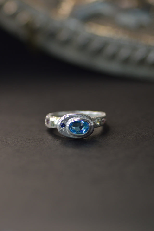 Poet Topaz, Aquamarine & Sapphire Silver Ring 1249-5