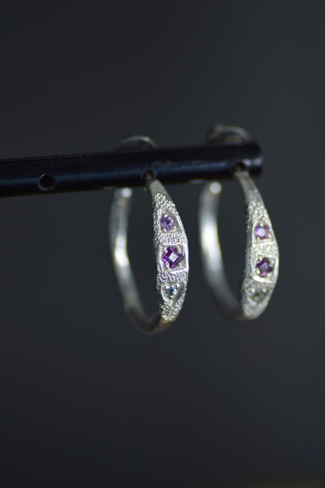 Dancer Sapphire & Garnet Silver Hoop Earrings 1197-4