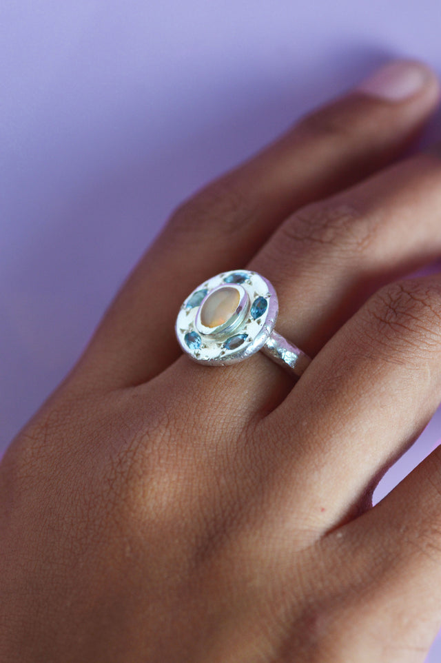 Saturn Opal & Blue Topaz Ring Silver