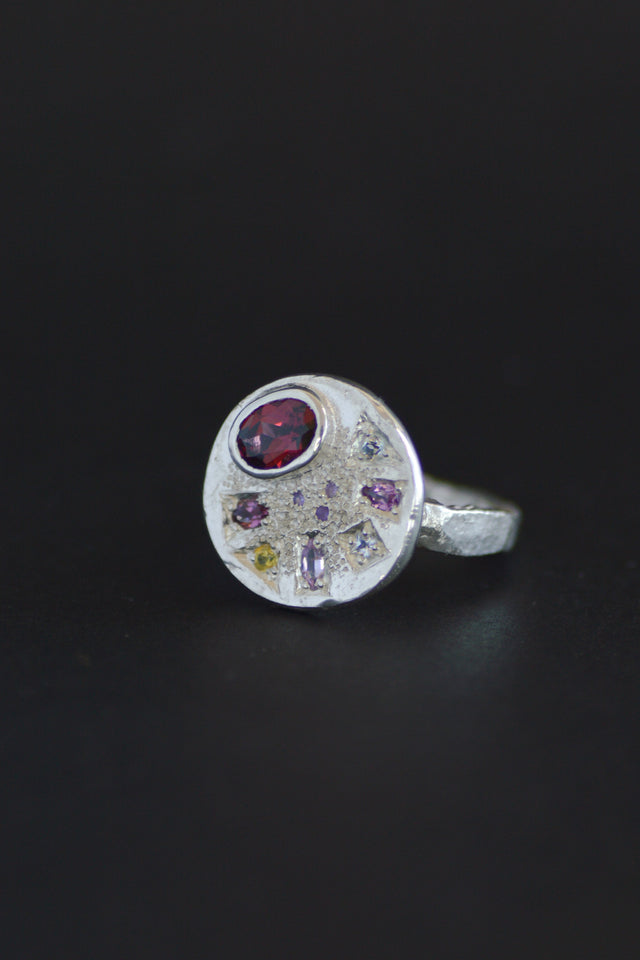 Palette Garnet, Sapphire & Amethyst Silver Ring 1223-1