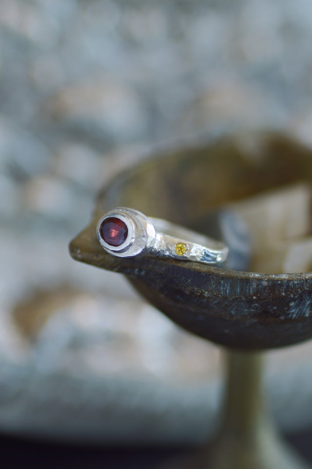 Poet Garnet, Sapphire & Topaz Silver Ring 1080-6