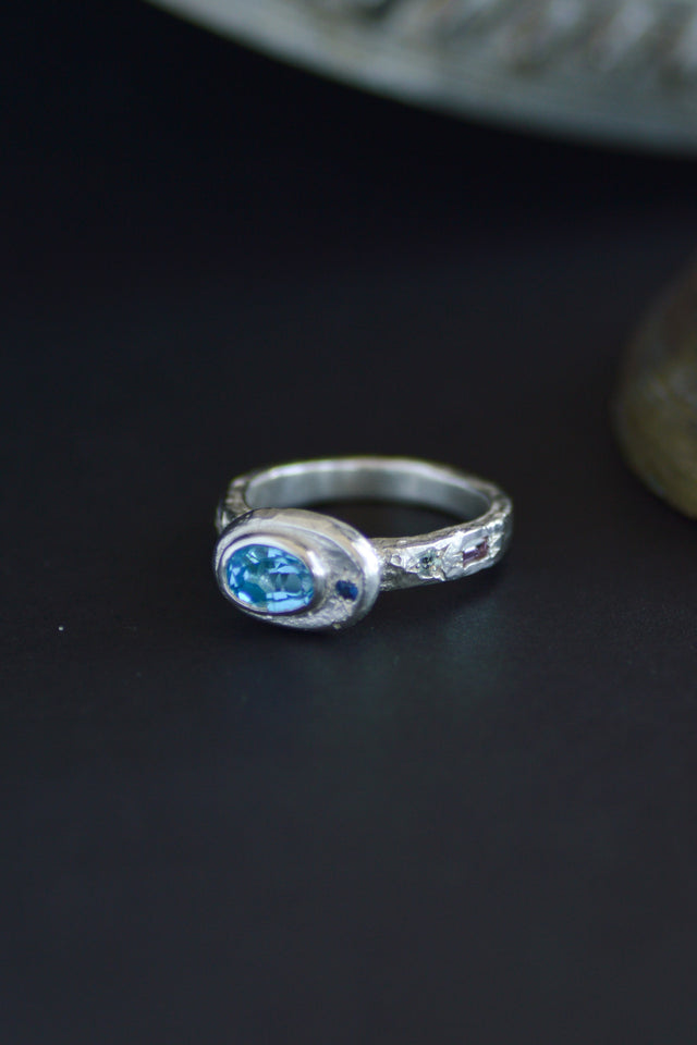 Poet Topaz, Aquamarine & Sapphire Silver Ring 1249-5