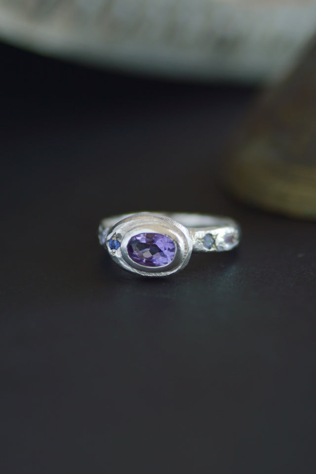 Poet Amethyst, Sapphire & Tanzanite Silver Ring 1080-4