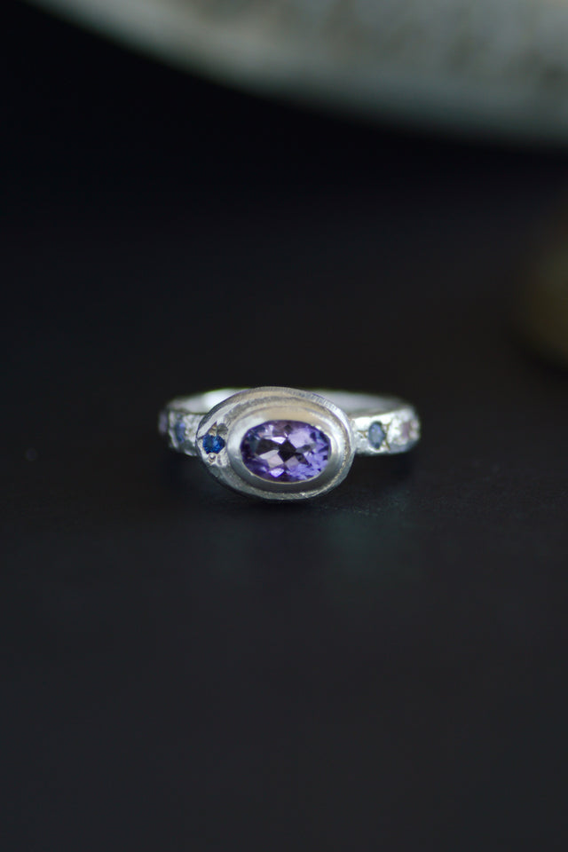 Poet Amethyst, Sapphire & Tanzanite Silver Ring 1080-4