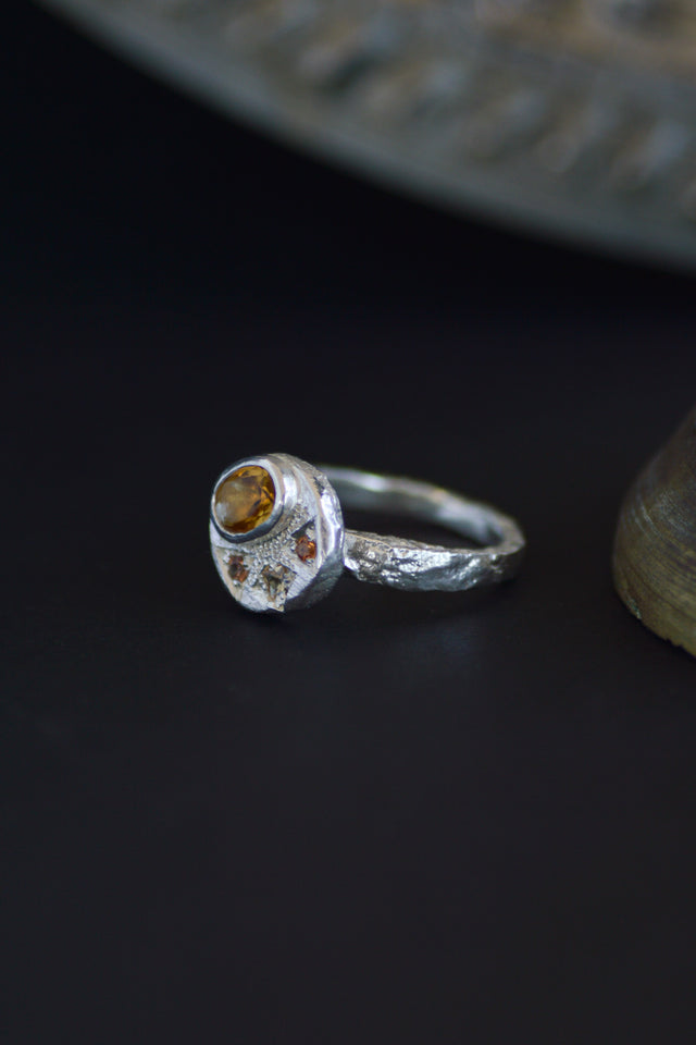 Sculpture Citrine & Sapphire Silver Ring 1247-4