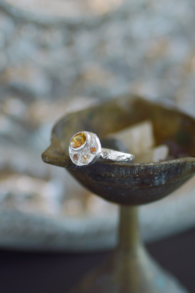 Sculpture Citrine & Sapphire Silver Ring 1247-4