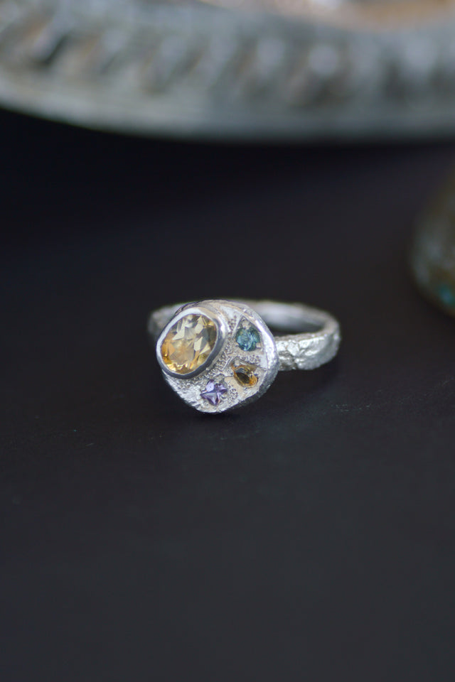 Sculpture Citrine & Sapphire Silver Ring 1208-1