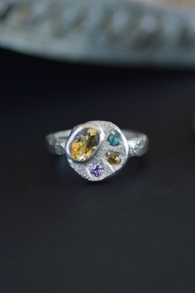 Sculpture Citrine & Sapphire Silver Ring 1208-1