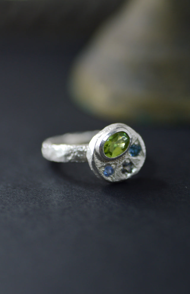 Sculpture Peridot, Tanzanite & Sapphire Silver Ring 1247-1