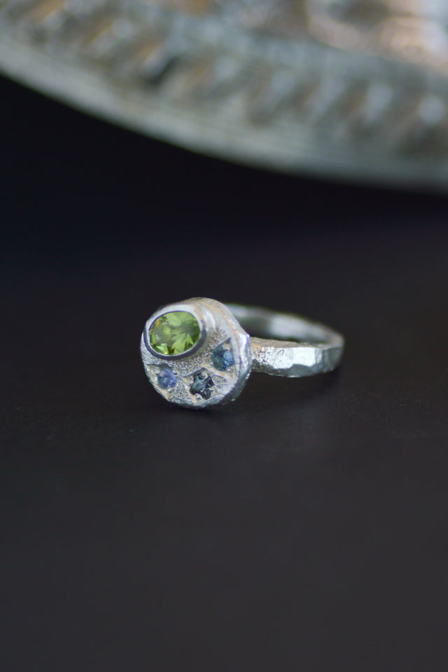 Sculpture Peridot, Tanzanite & Sapphire Silver Ring 1247-1