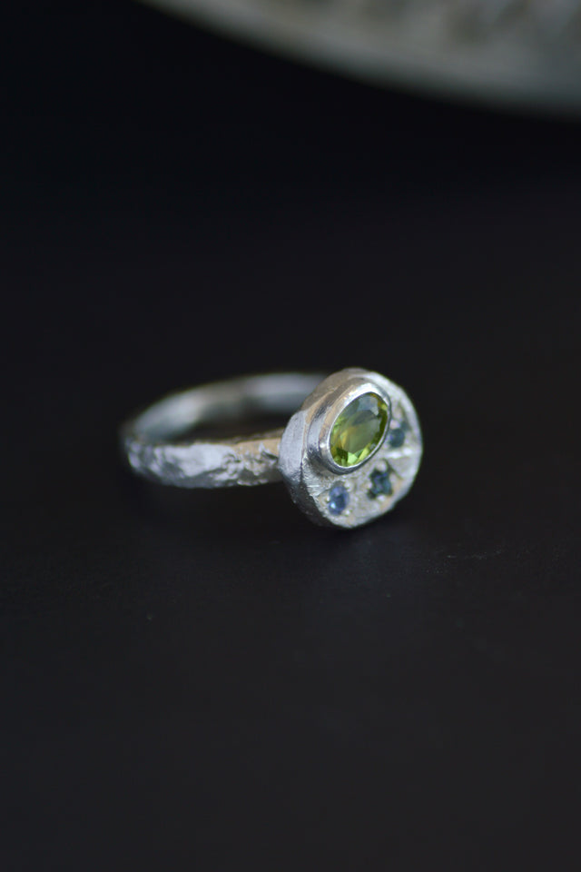 Sculpture Peridot, Tanzanite & Sapphire Silver Ring 1247-1