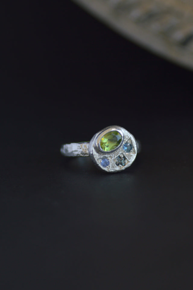 Sculpture Peridot, Tanzanite & Sapphire Silver Ring 1247-1