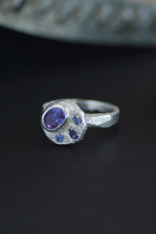 Sculpture Amethyst, Sapphire & Tanzanite Silver Ring 1208-4