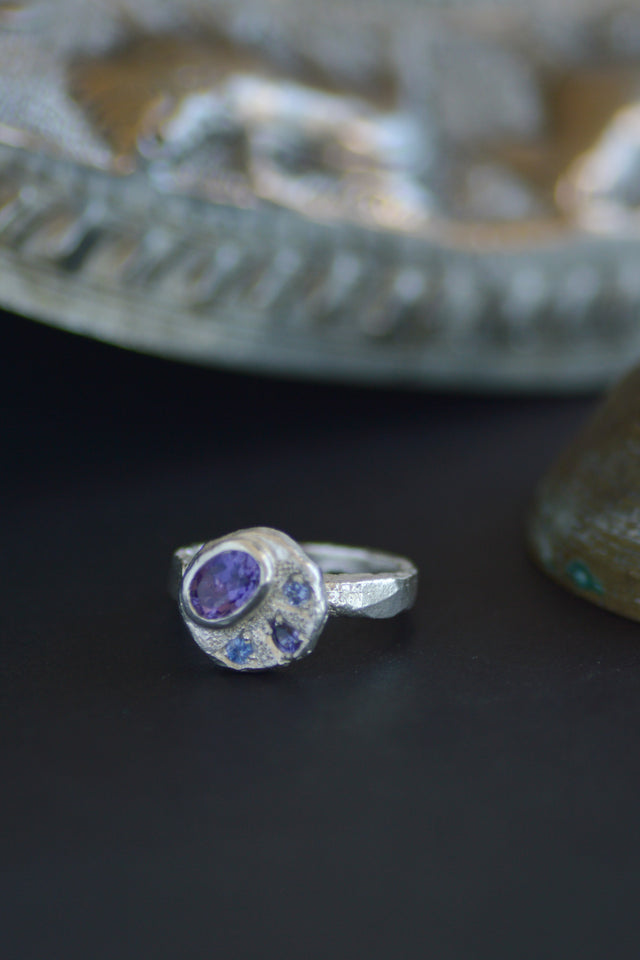 Sculpture Amethyst, Sapphire & Tanzanite Silver Ring 1208-4