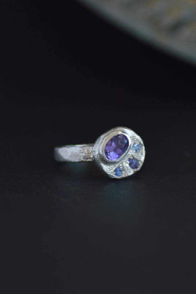 Sculpture Amethyst, Sapphire & Tanzanite Silver Ring 1208-4