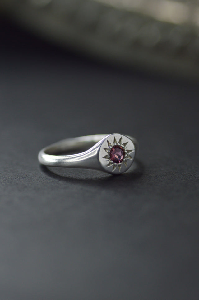 Daisy Rhodolite Garnet Signet Silver Ring