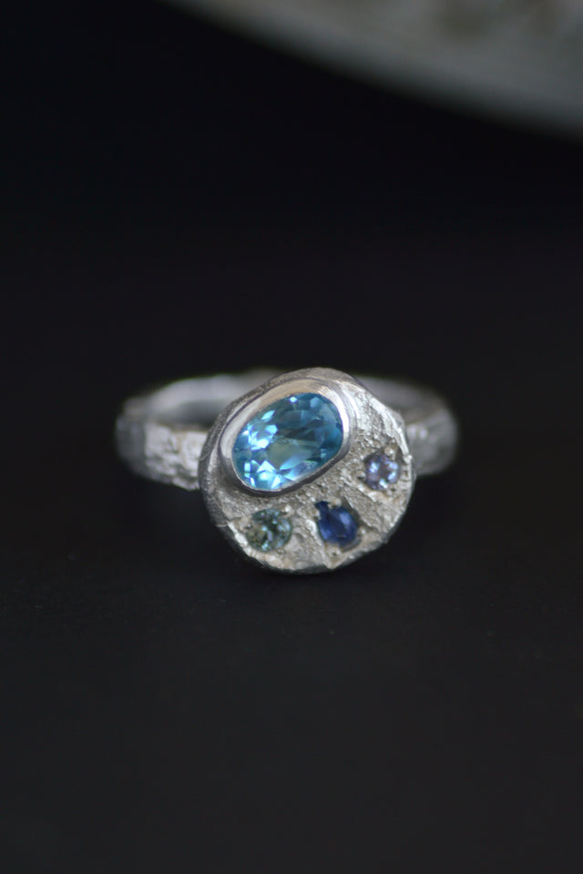 Sculpture Topaz, Aquamarine, Sapphire & Tanzanite Silver Ring 1218-2