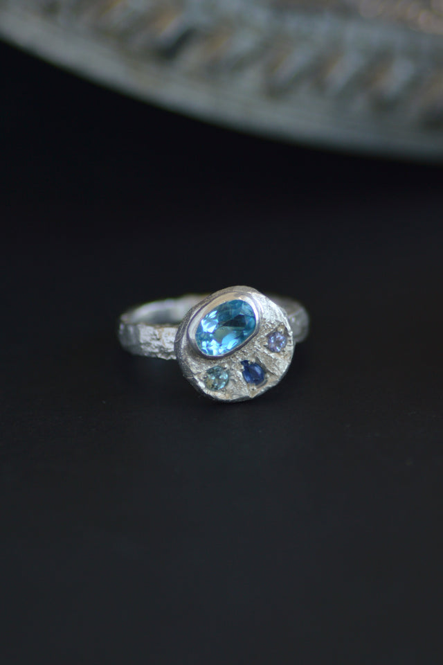 Sculpture Topaz, Aquamarine, Sapphire & Tanzanite Silver Ring 1218-2