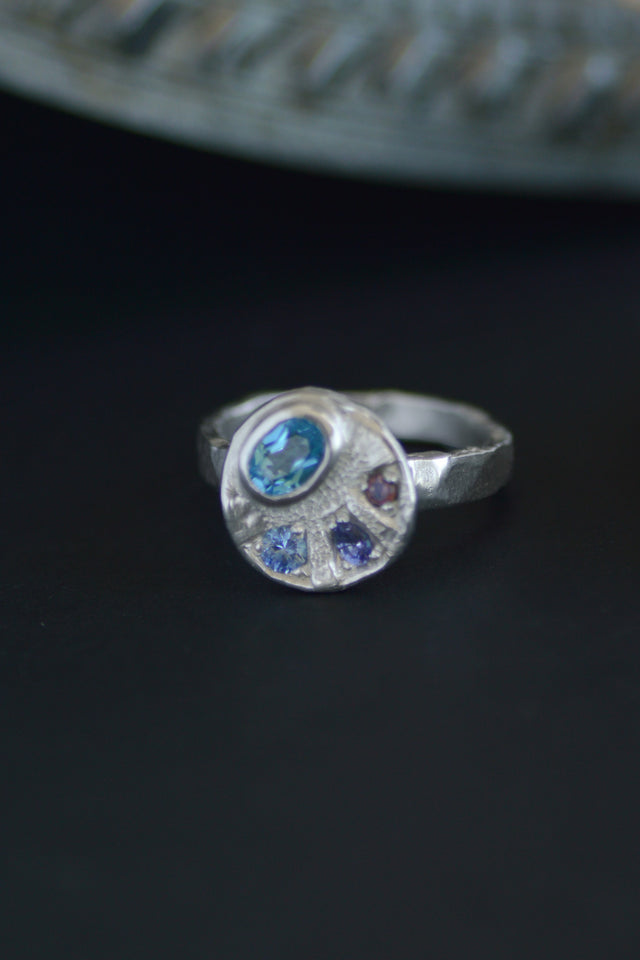 Sculpture Topaz, Aquamarine, Sapphire & Tanzanite Silver Ring 1218-2