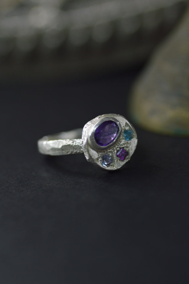 Sculpture Amethyst, Topaz, Garnet & Sapphire Silver Ring 1247-3