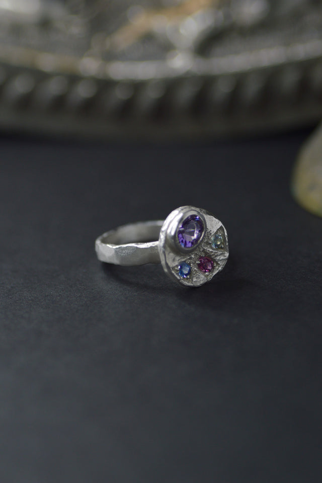 Sculpture Amethyst, Garnet & Sapphire Silver Ring 1081-4