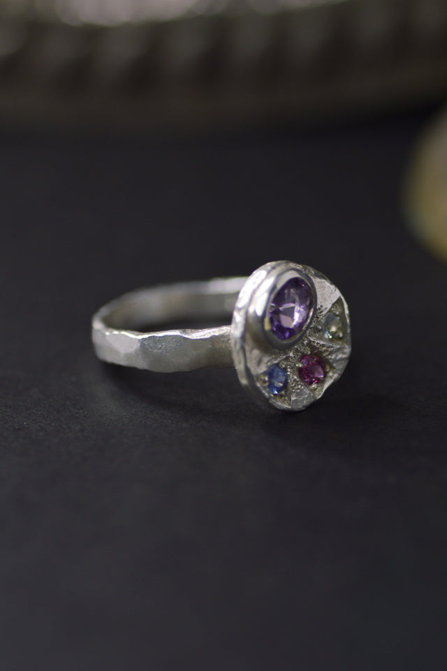 Sculpture Amethyst, Garnet & Sapphire Silver Ring 1081-4