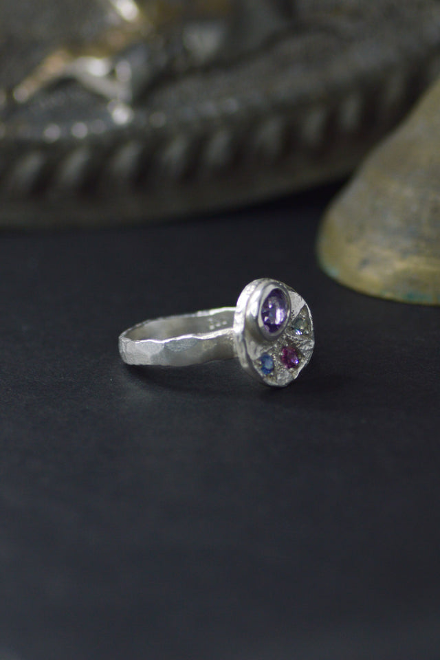 Sculpture Amethyst, Garnet & Sapphire Silver Ring 1081-4