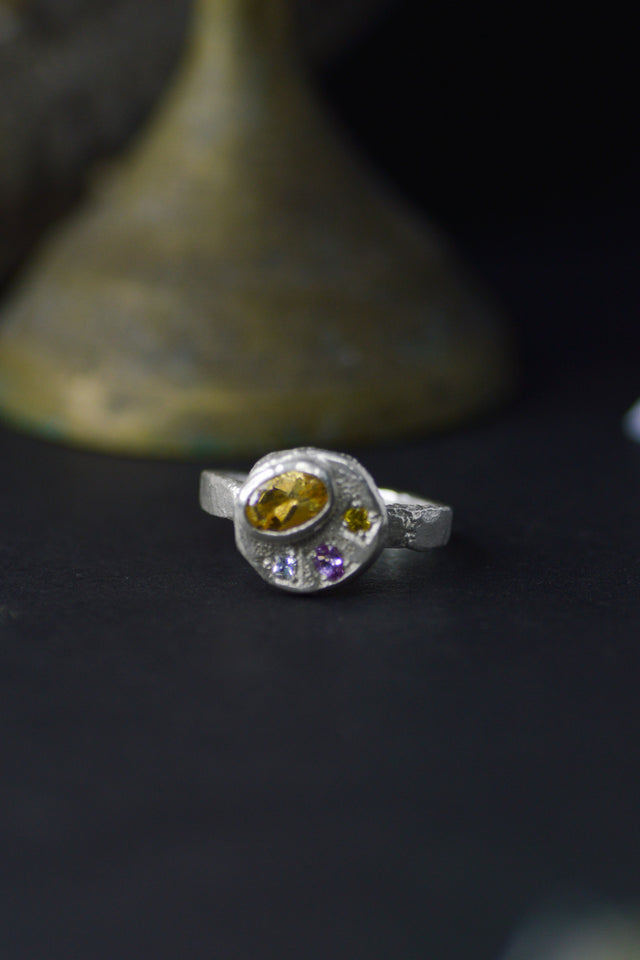 Sculpture Citrine & Sapphire Silver RIng 1218-4