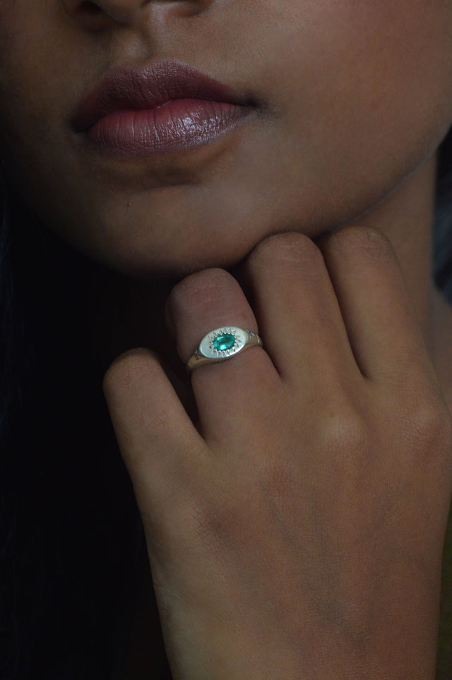 Penny Emerald Silver Signet Ring