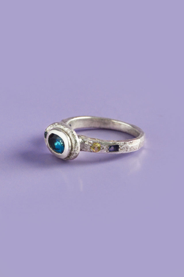 Poet Blue Topaz, Sapphire Silver Ring 614-1