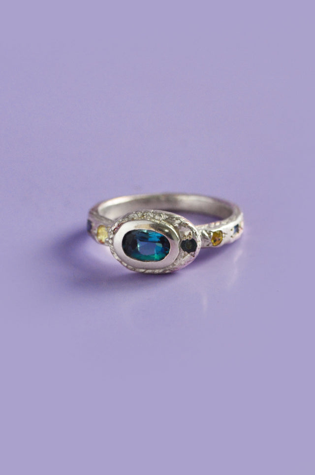 Poet Blue Topaz, Sapphire Silver Ring 614-1