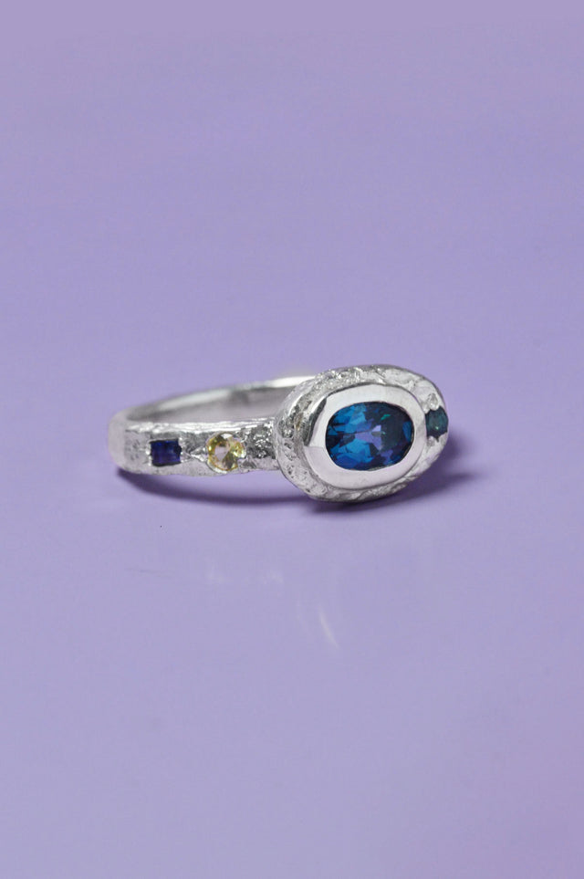 Poet Blue Topaz, Sapphire Silver Ring 614-1
