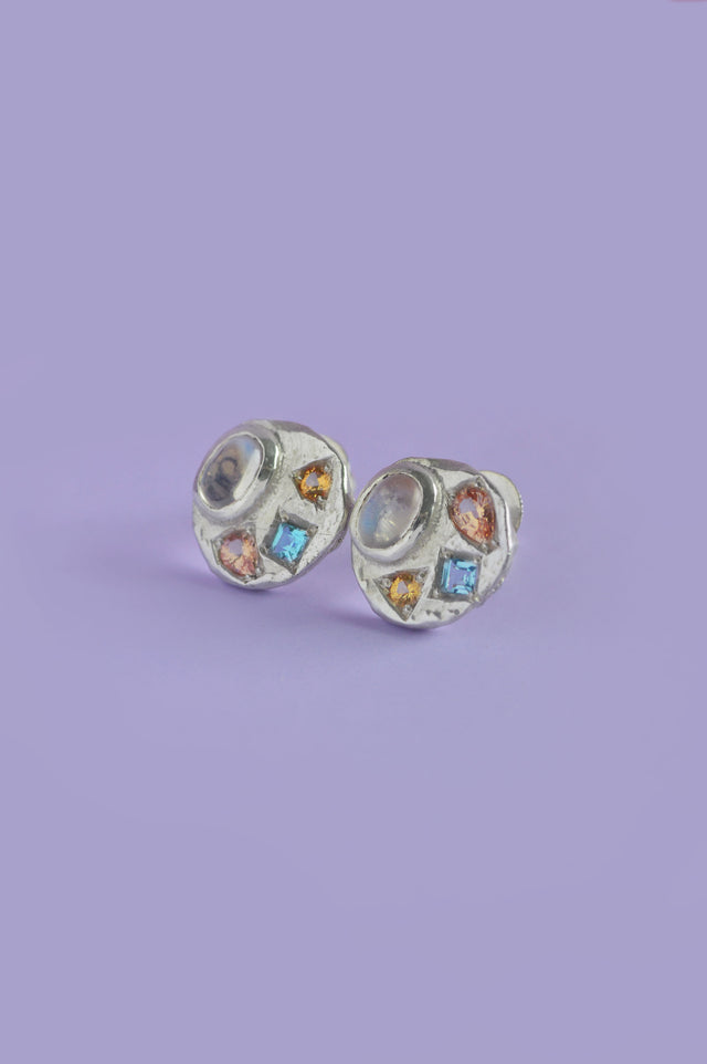 Sculpture Sapphire, Moonstone, Topaz & Beryl Silver Studs 748-1