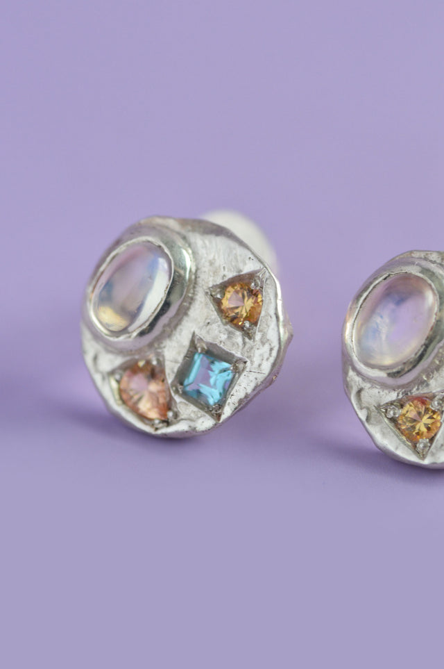 Sculpture Sapphire, Moonstone, Topaz & Beryl Silver Studs 748-1