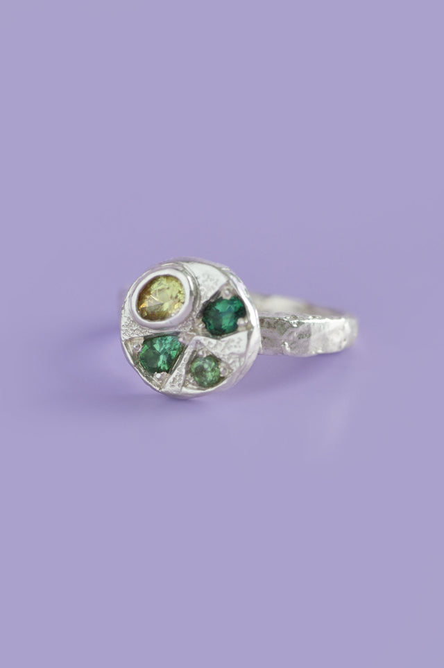 Sculpture Peridot & Tourmaline Silver Ring 604-1