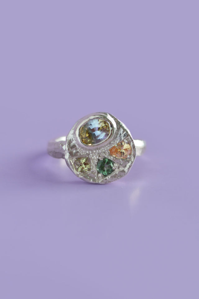 Sculpture Sapphire & Tourmaline Silver Ring 751-2