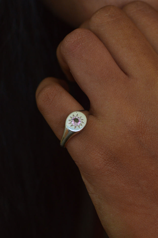 Daisy Pink Sapphire Silver Signet Ring