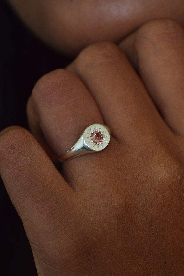 Daisy Pink Tourmaline Signet Silver Ring