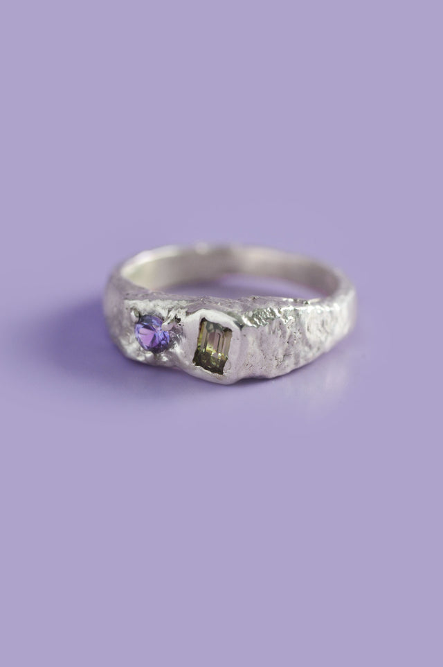 Duet Green & Purple Sapphire Silver Ring 771-2