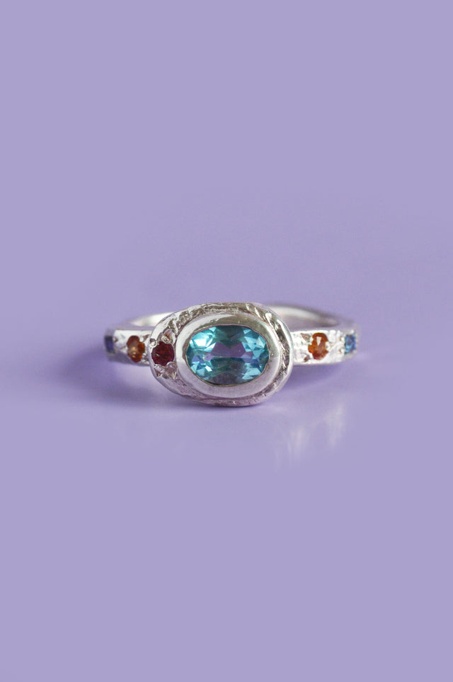 Poet Topaz, Ruby & Sapphire Silver Ring 614-4