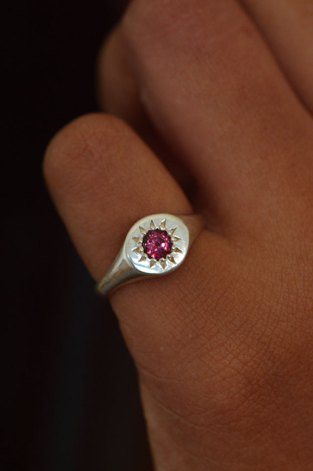 Daisy Rhodolite Garnet Signet Silver Ring