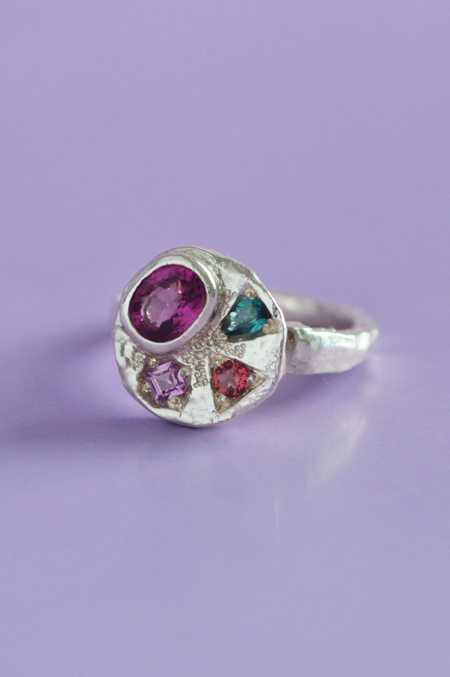 Sculpture Garnet, Tourmaline & Sapphire Silver Ring 751-1