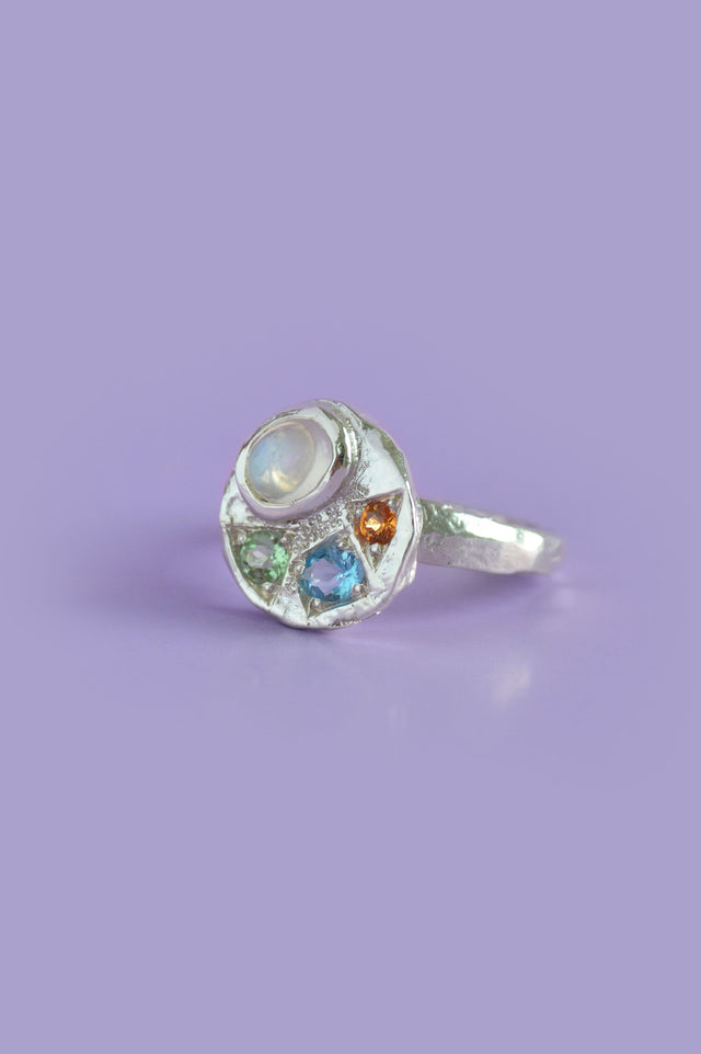 Sculpture Moonstone, Tourmaline & Topaz Silver Ring 749-2