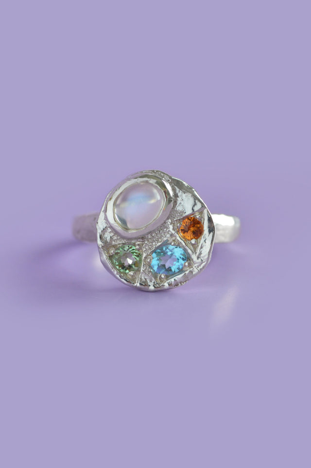 Sculpture Moonstone, Tourmaline & Topaz Silver Ring 749-2