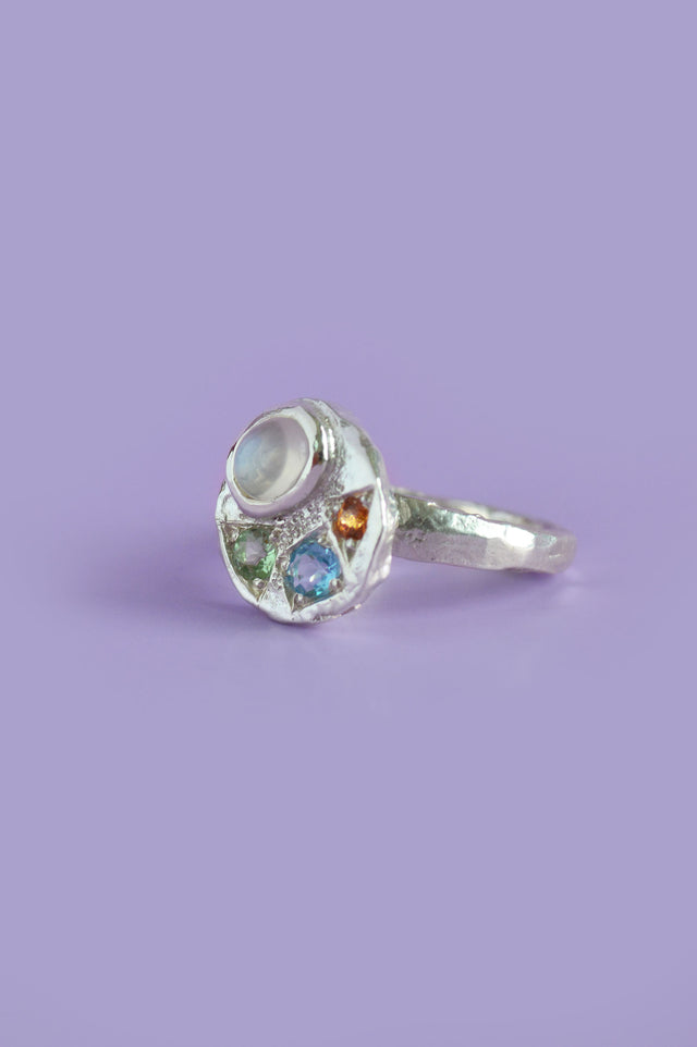 Sculpture Moonstone, Tourmaline & Topaz Silver Ring 749-2